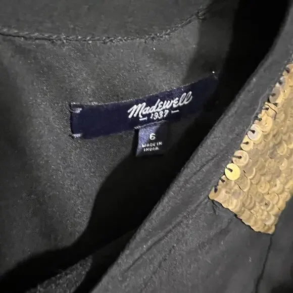 Madewell Black Silk & Gold Sequin Shoulder Accent Back Ribbon Cutout Dress - Picture 2 of 12